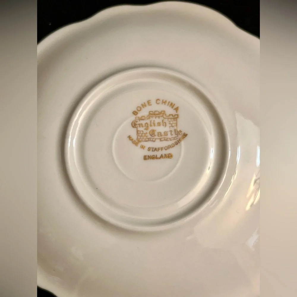 Vintage English Castle 22K Gold Trim Blue Lily Bone China Teacup Saucer Set Tea